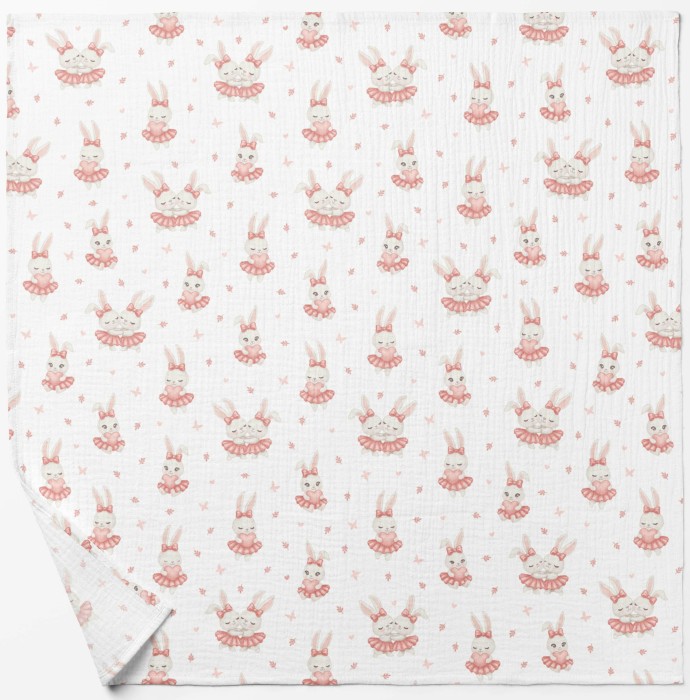 PIELUCHA MUŚLINOWA DOUBLE GAUZE 120x120cm: KRÓLICZKI W SPÓDNICZKACH