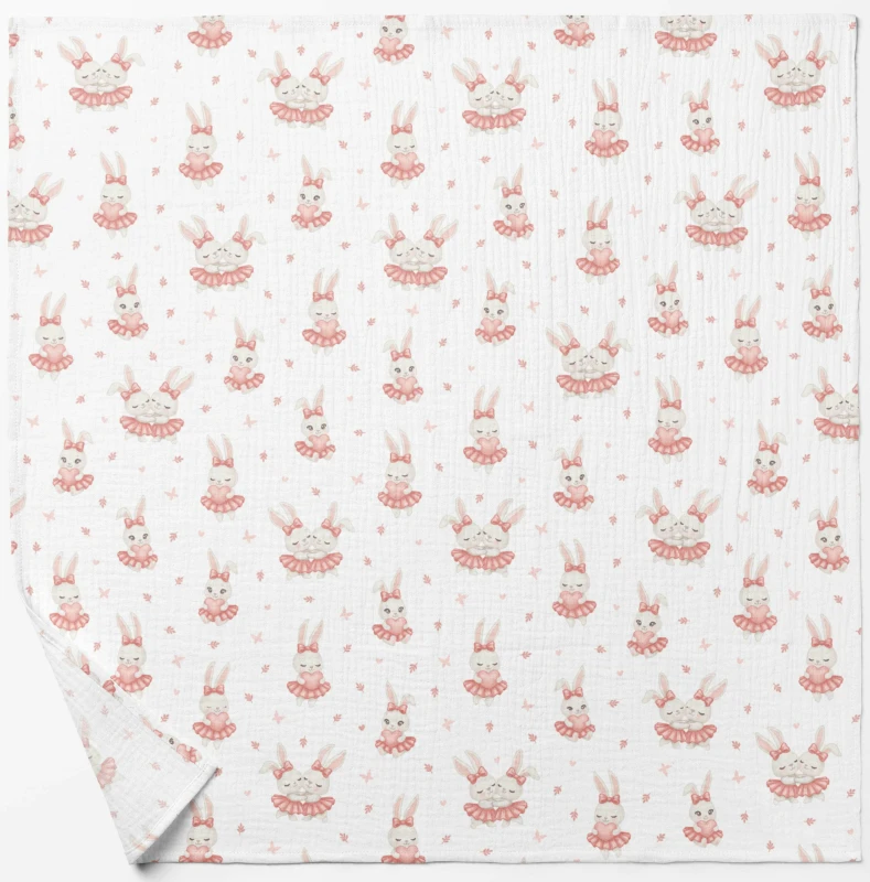 PIELUCHA MUŚLINOWA DOUBLE GAUZE 120x120cm: KRÓLICZKI W SPÓDNICZKACH