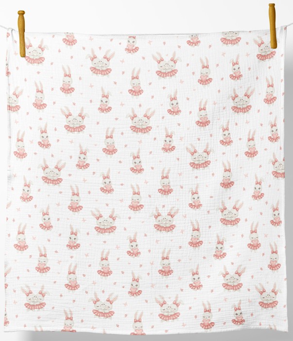 PIELUCHA MUŚLINOWA DOUBLE GAUZE 120x120cm: KRÓLICZKI W SPÓDNICZKACH