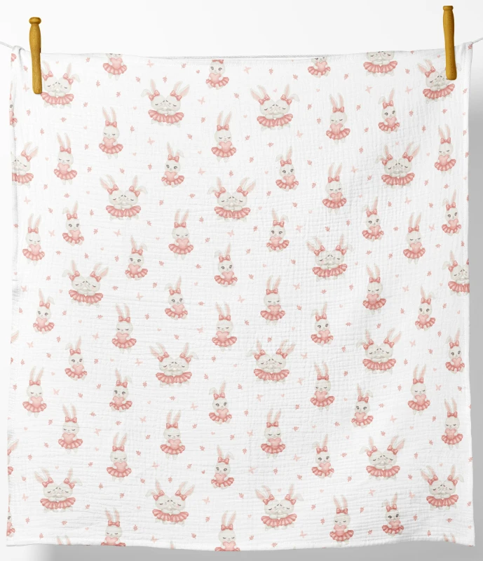 PIELUCHA MUŚLINOWA DOUBLE GAUZE 120x120cm: KRÓLICZKI W SPÓDNICZKACH